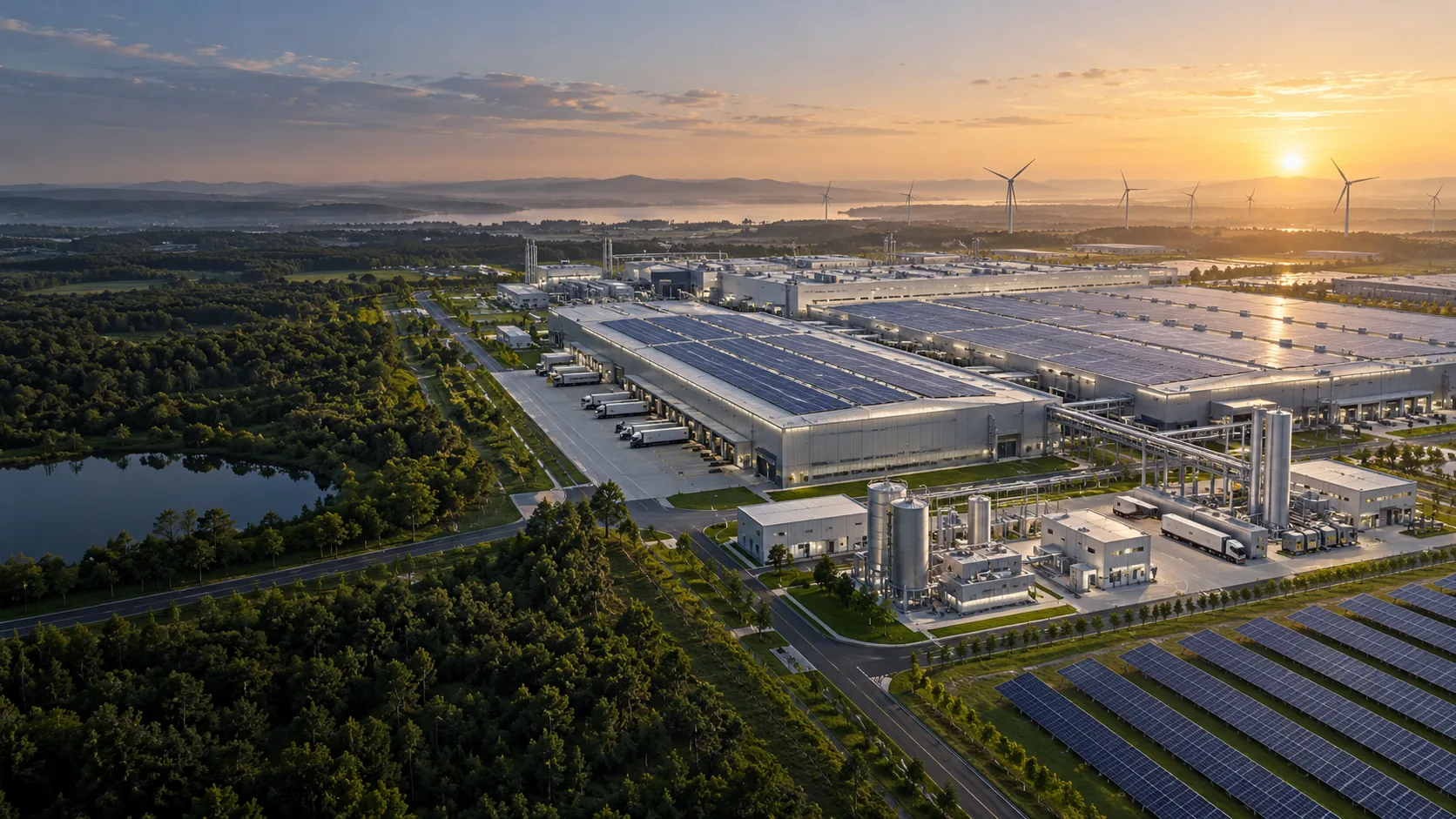 Large industrial facility with green energy systems