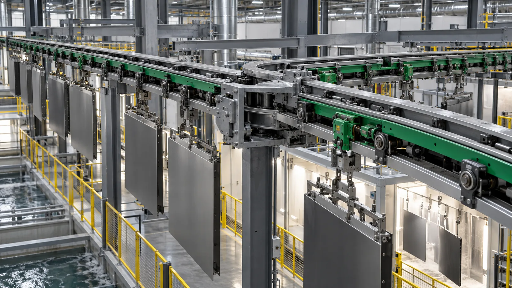 Dual-rail overhead conveyor transporting metal components