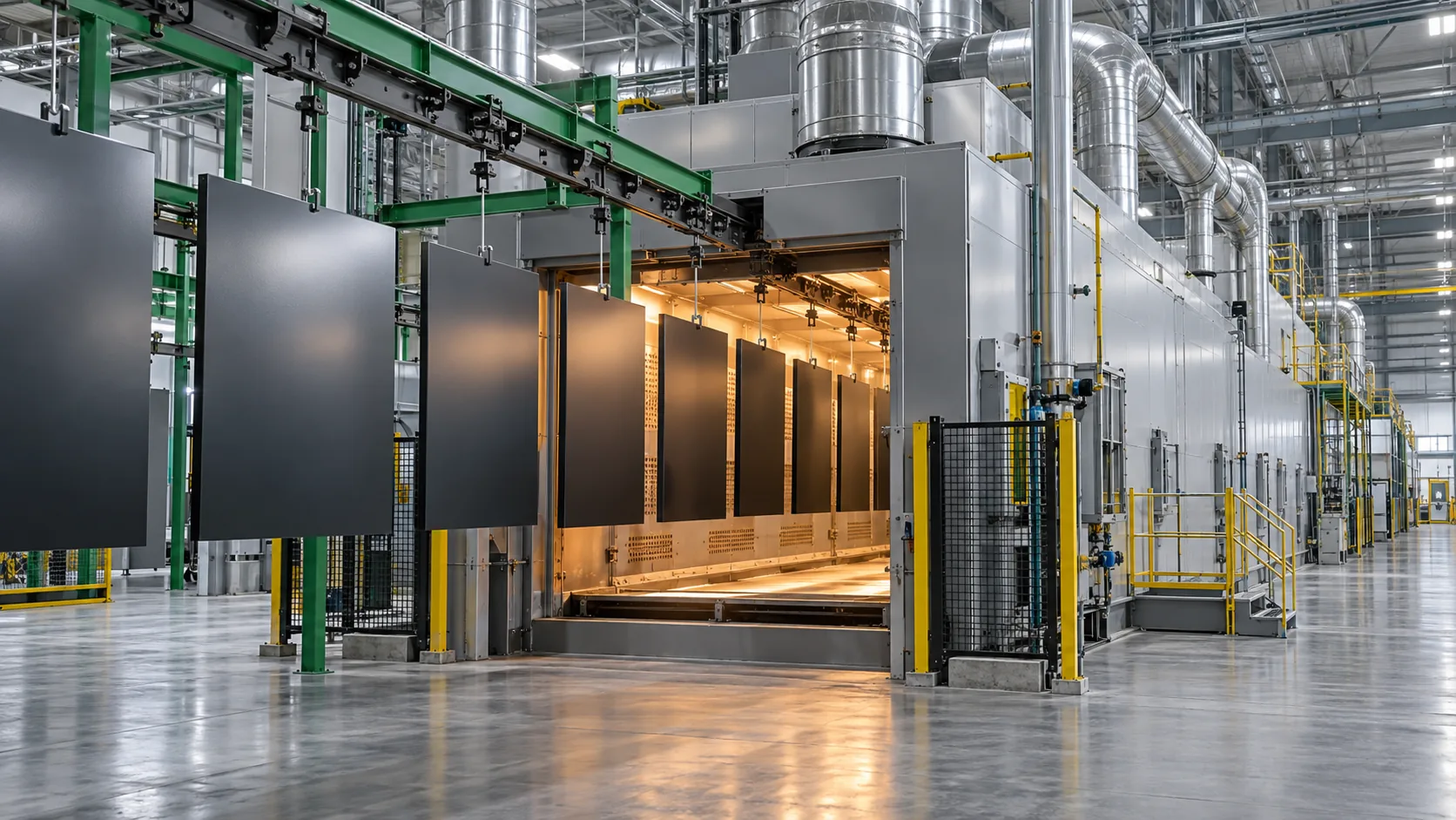 Steel panels entering a heated industrial drying tunnel