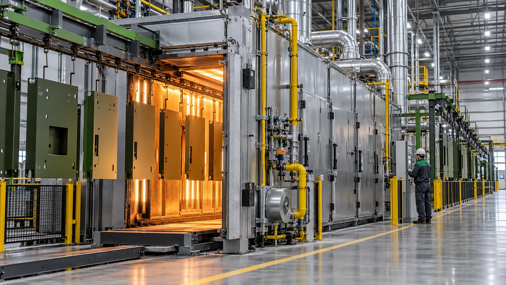 Coated components entering a controlled curing oven