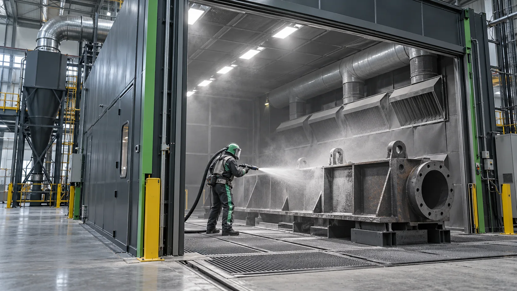 Operator preparing steel in an enclosed abrasive blasting booth