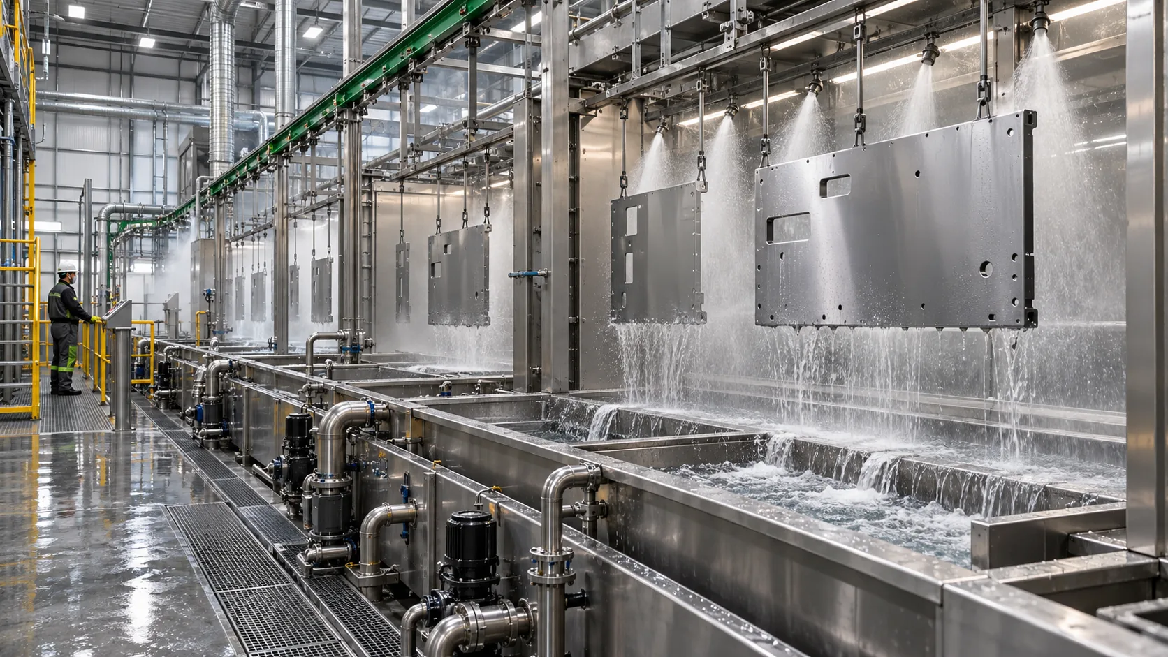 Metal panels moving through an industrial spray washing line